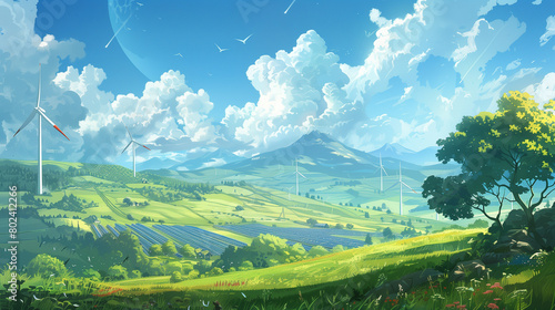 Illustration of wind turbines and solar panels in a lush countryside setting promoting renewable energy