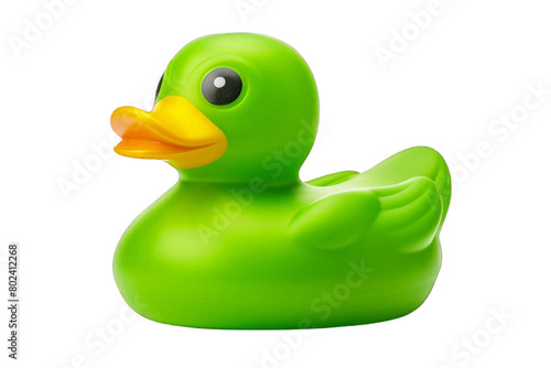 A green rubber duck with yellow beak and eyes, white background, transparent background.