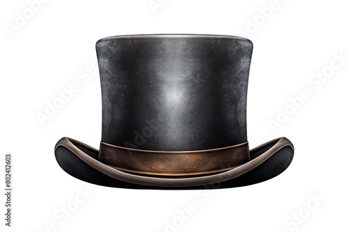 A black top hat with a brown band sits on a white background, transparent background.