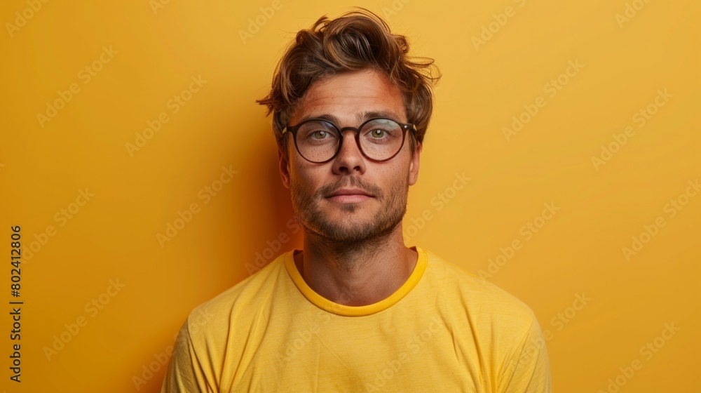 Fototapeta premium Portrait of positive cool man isolated over yellow color background