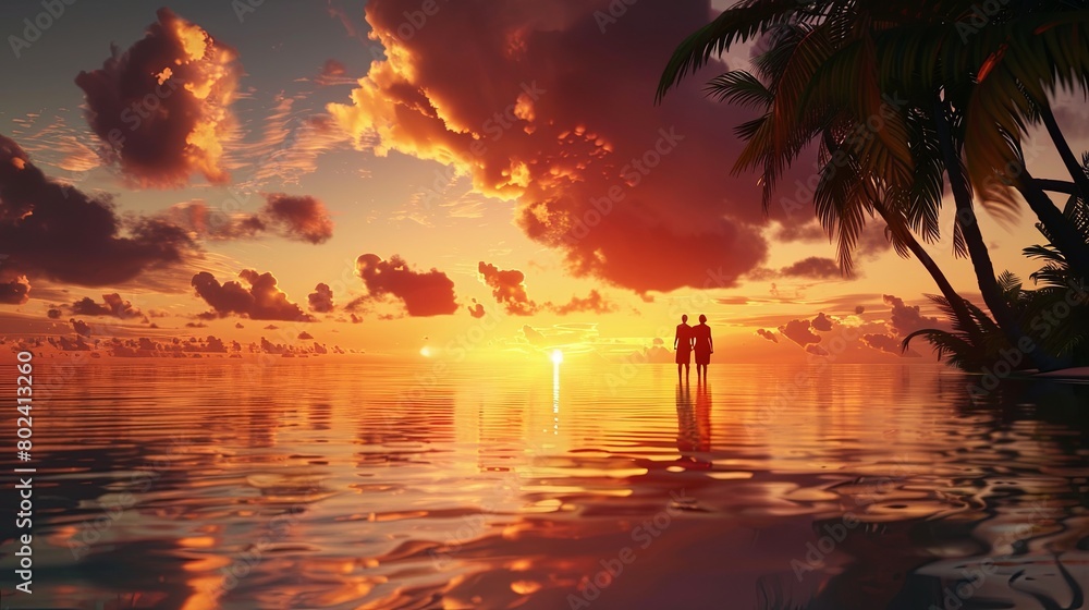 Fototapeta premium Two People Standing by Waters Edge at Sunset. Generative AI