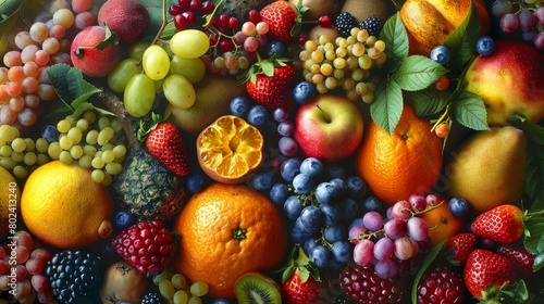 Craft an image of a bountiful harvest with many fruits © Supasin