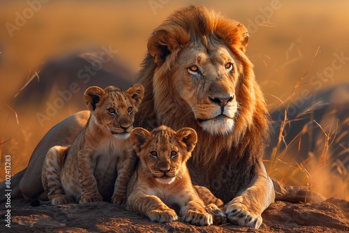 Big lion with lion cub lying in savannah