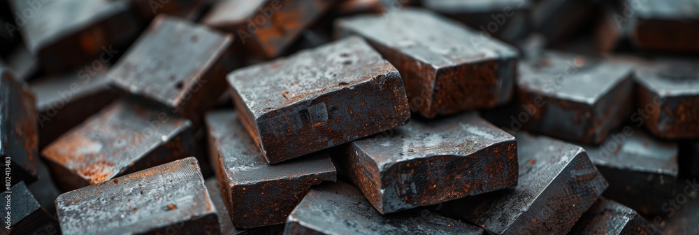Panoramic image of many rust-covered metal blocks stacked in an orderly fashion, with a focus on texture Panoramic image of many rust-covered metal blocks stacked in an orderly fashion, with a focus on texture