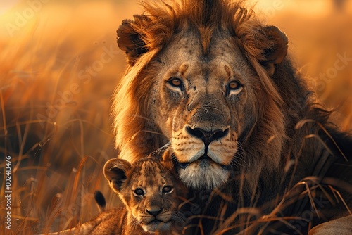 Big lion with lion cub lying in savannah