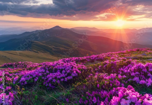  Colorful sunrise in the mountains with blooming purple rhododendron flowers on a grassy hill 