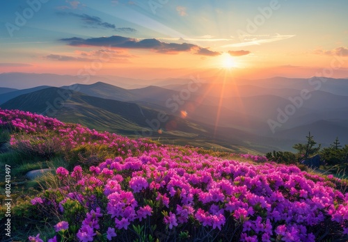  Colorful sunrise in the mountains with blooming purple rhododendron flowers on a grassy hill 