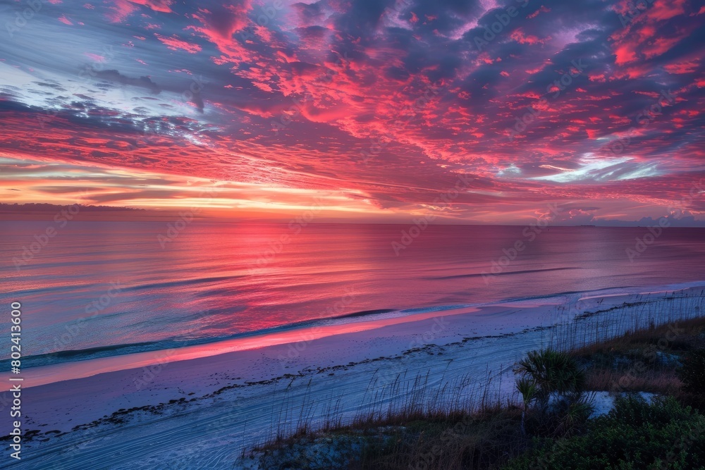 Colorful sunset over the ocean, beautiful sky with red and purple clouds and reflection on the water.