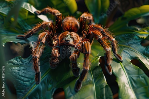 Big tarantula spider on green leaf