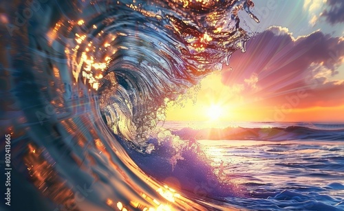 Colorful wave at sunset   view of the inside of an ocean wave with a golden sun setting.