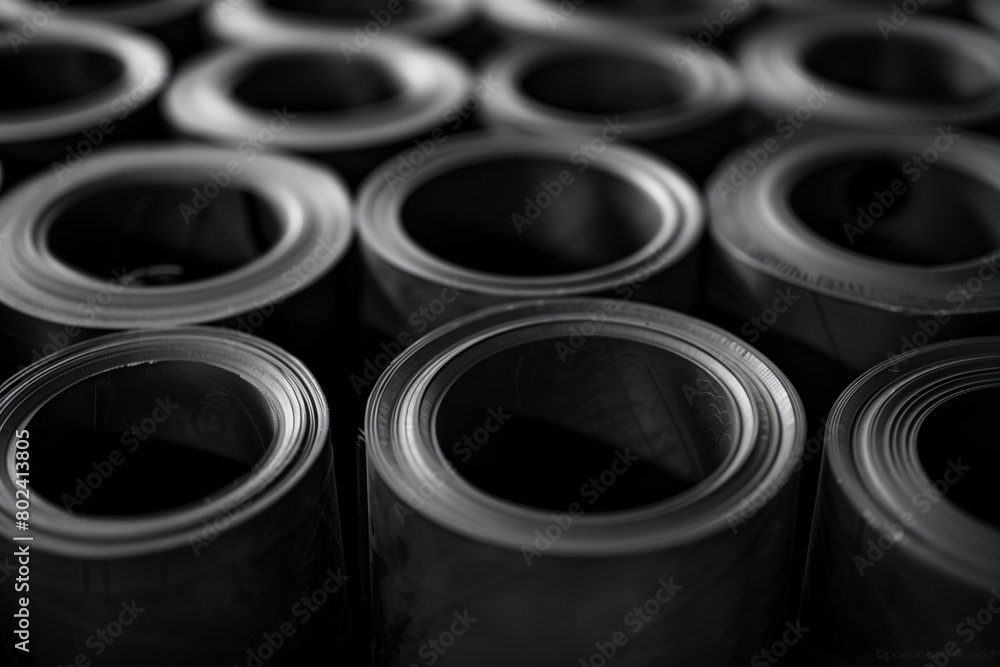 Rolled up black rubber mats with the focus on the foreground giving a sense of depth and pattern Rolled up black rubber mats with the focus on the foreground giving a sense of depth and pattern