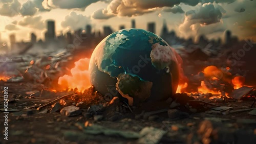 A burning Earth globe surrounded by debris and destruction, with the skyline of an abandoned city in background. concept for global warming issue environmental crysis photo