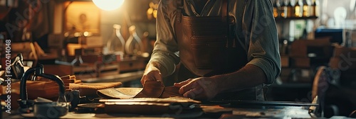 Master tanner in his leather workshop working on a leather wallet, banner photo