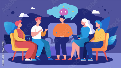 At a group therapy session a person explains how they first became aware of their dissociative identity disorder and how they have learned to cope. Vector illustration