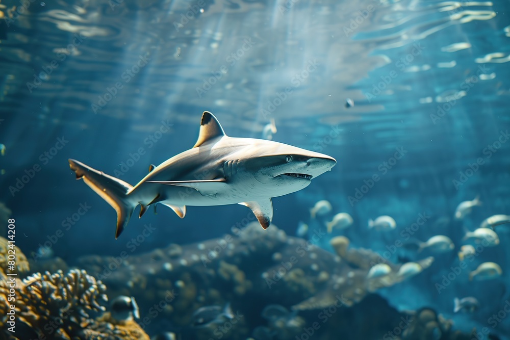 Fototapeta premium Big blue shark swims in clean water