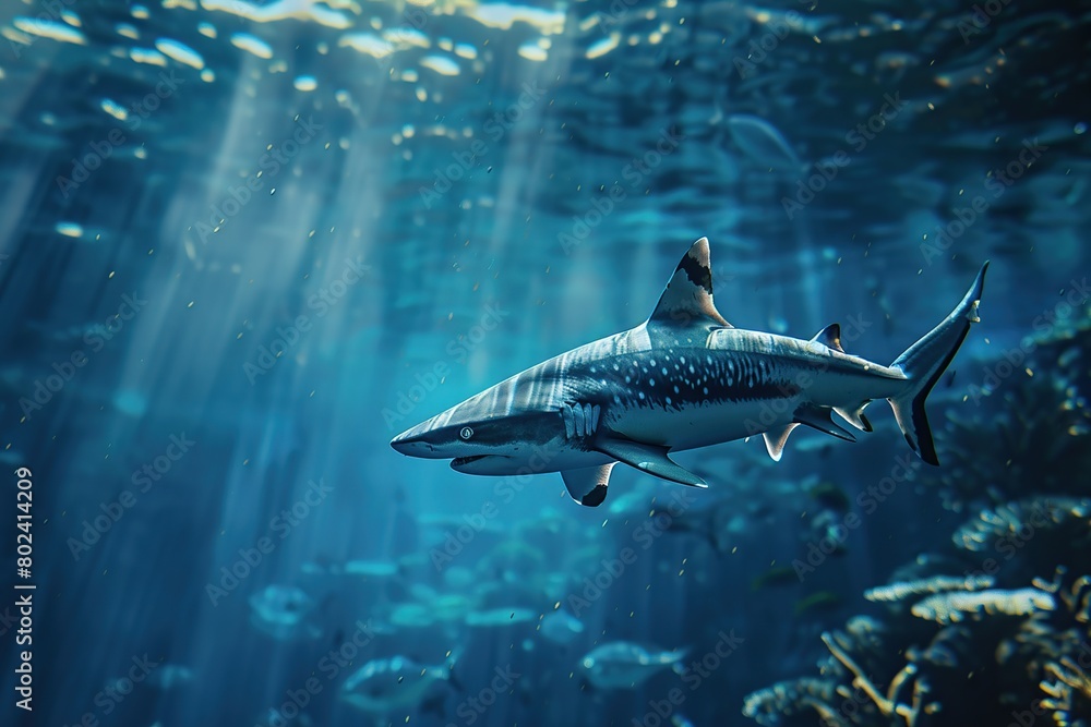 Fototapeta premium Big blue shark swims in clean water