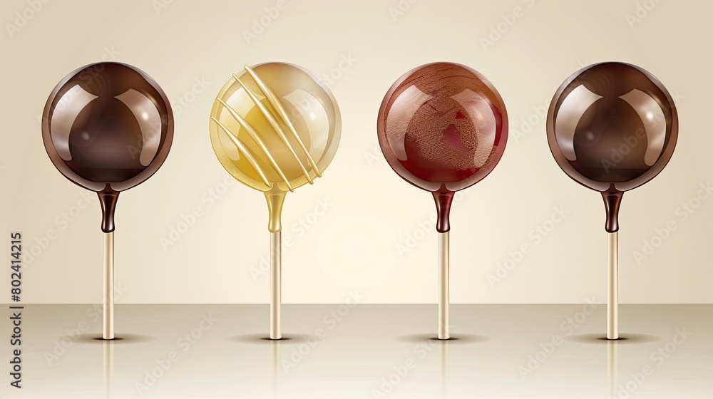 four decadent chocolate bon bons, each adorned with a unique dressing, presented on sleek sticks against a clean, minimalist backdrop. four decadent chocolate bon bons, each adorned with a unique dressing, presented on sleek sticks against a clean, minimalist backdrop.