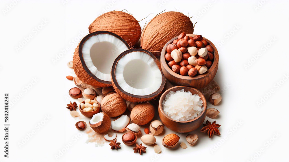 Coconut pieces and nuts isolated on white background Coconut pieces and nuts isolated on white background