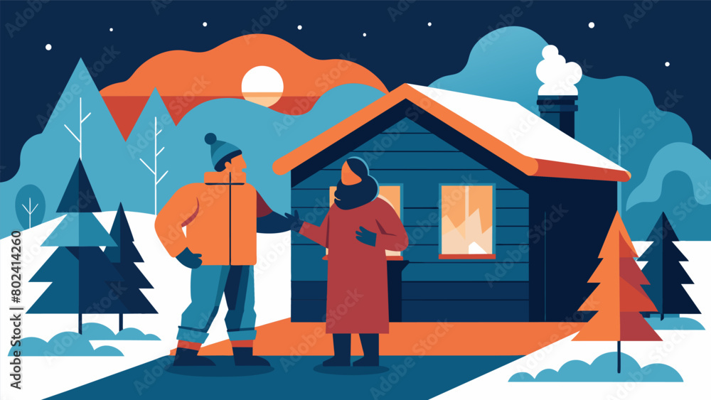 Naklejka premium A couple bundled up in their backyard stepping into their outdoor infrared sauna to escape the frigid temperatures and rejuvenate their bodies..