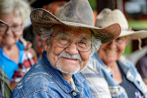 Portrait of an old man in a cowboy hat and glasses.