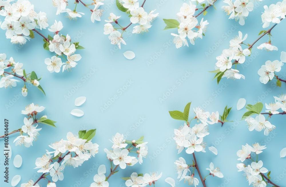  White blossoming cherry flowers tree branches and leaves on blue pastel background.