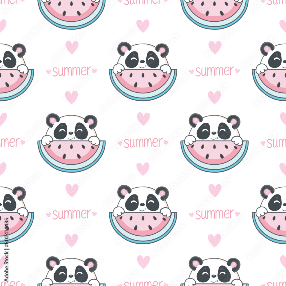 Obraz premium Vector hand drawn seamless pattern with cute panda. Watermelons and hearts in the Scandinavian style on the background.