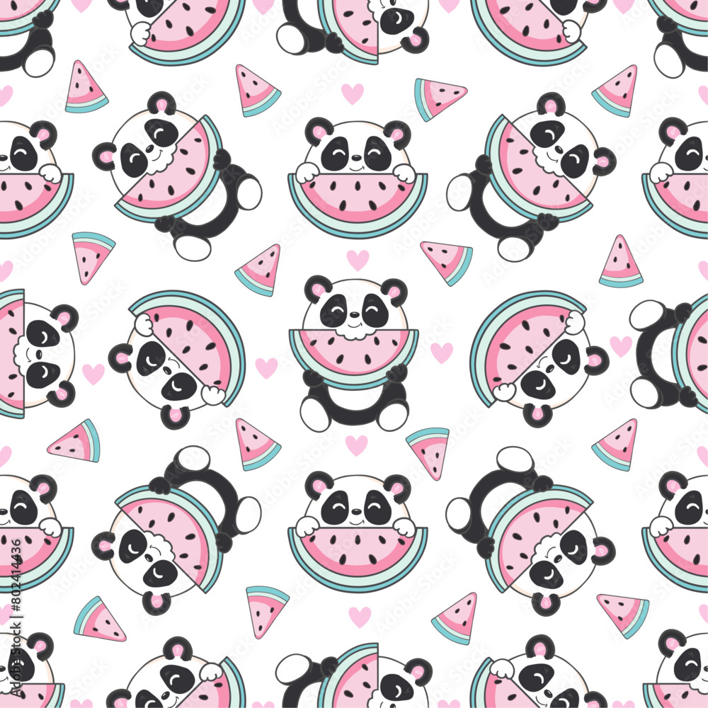 Vector hand drawn seamless pattern with cute panda. Watermelons and hearts in the Scandinavian style on the background.