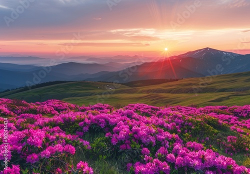  Colorful sunrise in the mountains with blooming purple rhododendron flowers on a grassy hill, © Image