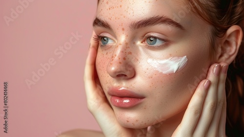 A young woman is applying a white cream to her face.