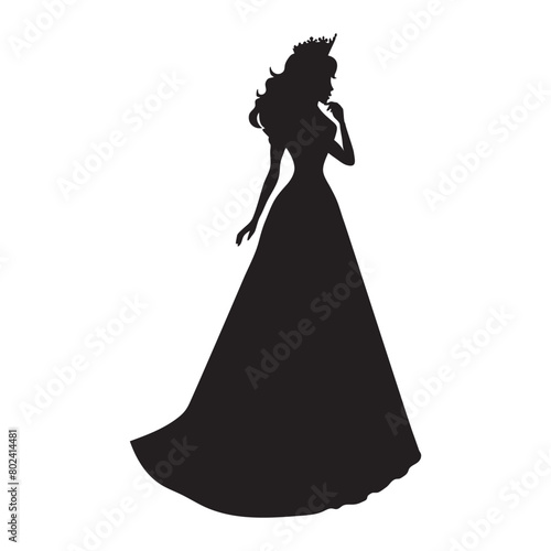 the silhouette of a princess in a long fluffy dress with a crown on her head.
