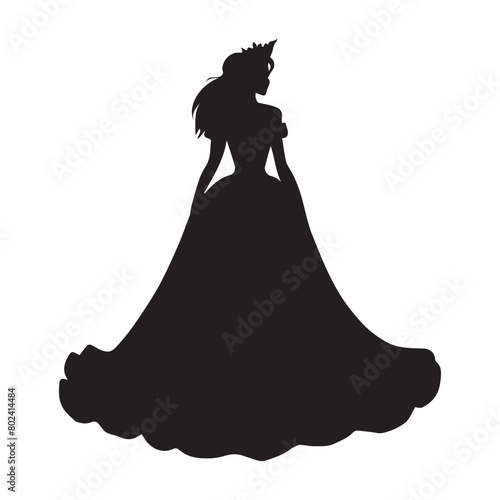 the silhouette of a princess in a long fluffy dress with a crown on her head.