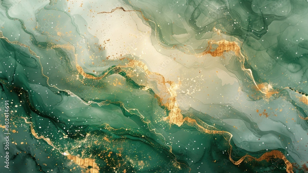 Green watercolor background with Golden shiny and Liquid marble texture Green watercolor background with Golden shiny and Liquid marble texture
