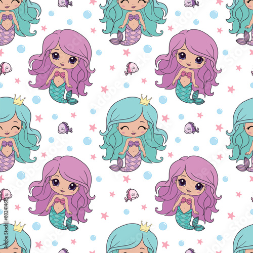 Mermaids girls vector pattern. Cute cartoon card with little mermaid seamless pattern.