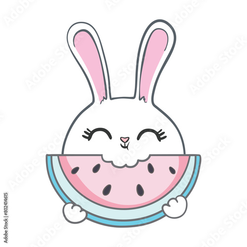Cute bunny with watermelon summer time print. Sweet rabbit with fruit. Fashion child vector.