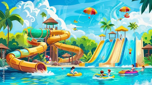 Vibrant Water Park Painting With Water Slide. Generative AI © Анатолий Савицкий