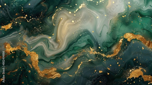 Green watercolor background with Golden shiny and Liquid marble texture