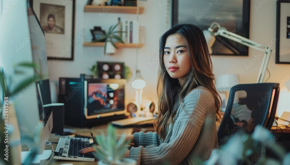 Woman Sitting at Desk in Front of Computer Woman Sitting at Desk in Front of Computer