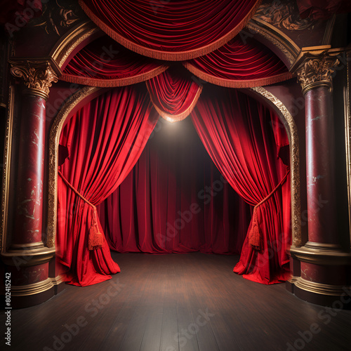 Red curtain stage is decorate for the who persons that play the show and its color so amazing with dark red background