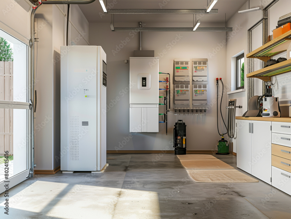 A garage with a white box on the floor and a black box on the wall A garage with a white box on the floor and a black box on the wall