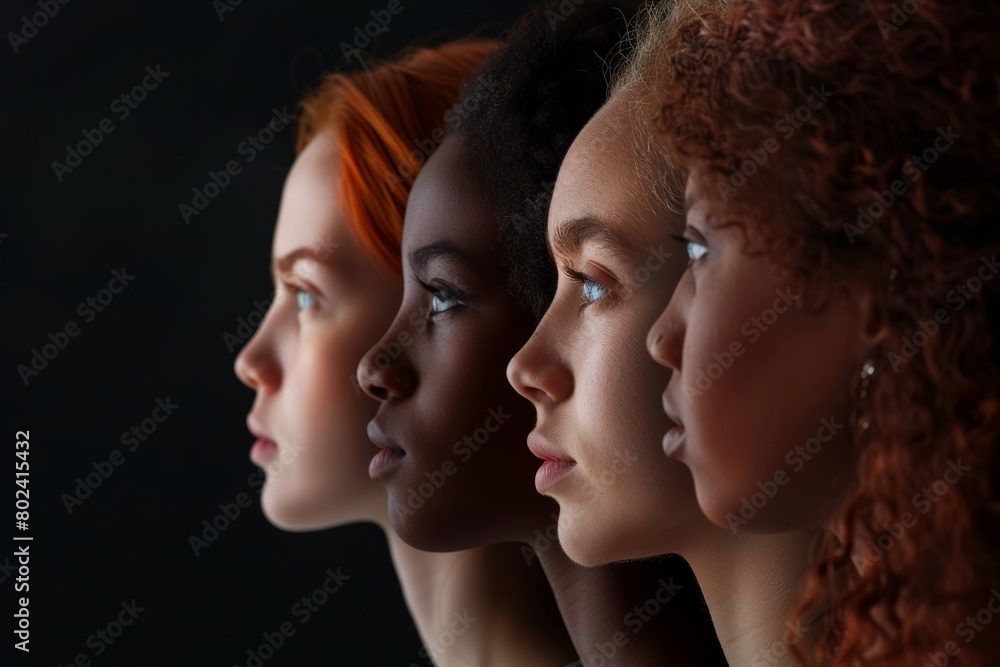 Profile view of young girls of different nationalities, ethnicities and skin colors, body care, multicultural young women, diversity and freedom and feminism concept