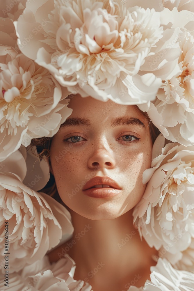 realistic Illustration of a beautiful woman with large peonies on her head. fashion beauty portrait, vertical realistic Illustration of a beautiful woman with large peonies on her head. fashion beauty portrait, vertical