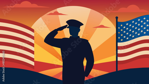 Flag of Freedom An illustration of a soldiers shadow saluting the American flag against the colorful hues of a setting sun evoking a sense of national. Vector illustration