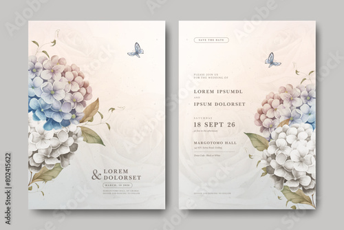 elegant wedding invitation card template with hydrangea flowers and butterfly design