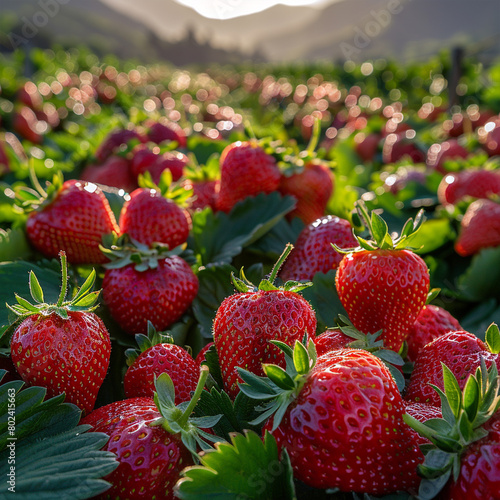 Strawberry field on fruit farm. Fresh ripe organic strawberry  ai technology