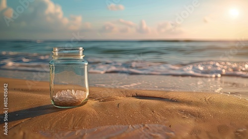 saline solution in a jar on the seashore photo