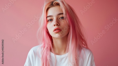 Teen White Woman with Pink Straight Hair 1990s style Illustration.