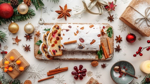 traditional Christmas bread adorned with an array of fruits and nuts, dusted in confectioners' sugar, elegantly presented on a white table cloth amidst winter decorations.
