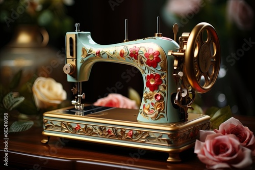 Sewing Machine on Wooden Table. Generative AI