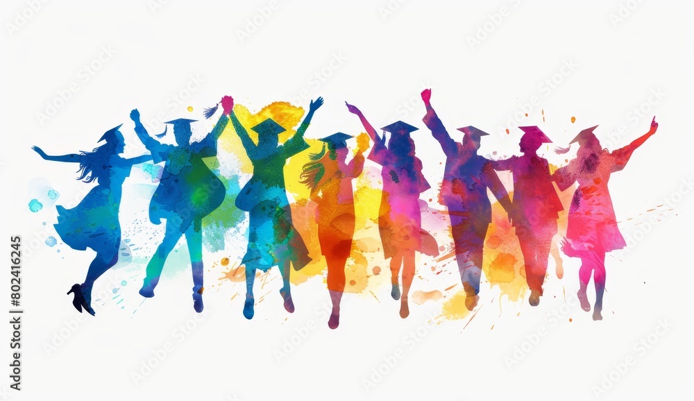 A silhouette of students celebrating their graduation, colored in vibrant shades against a white background Generative AI A silhouette of students celebrating their graduation, colored in vibrant shades against a white background Generative AI