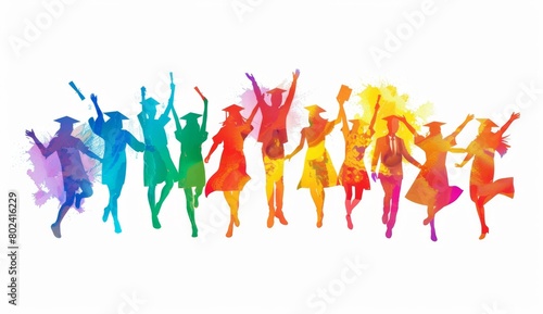The colorful silhouette of happy students celebrating graduation isolated on a white background with copy space area Generative AI